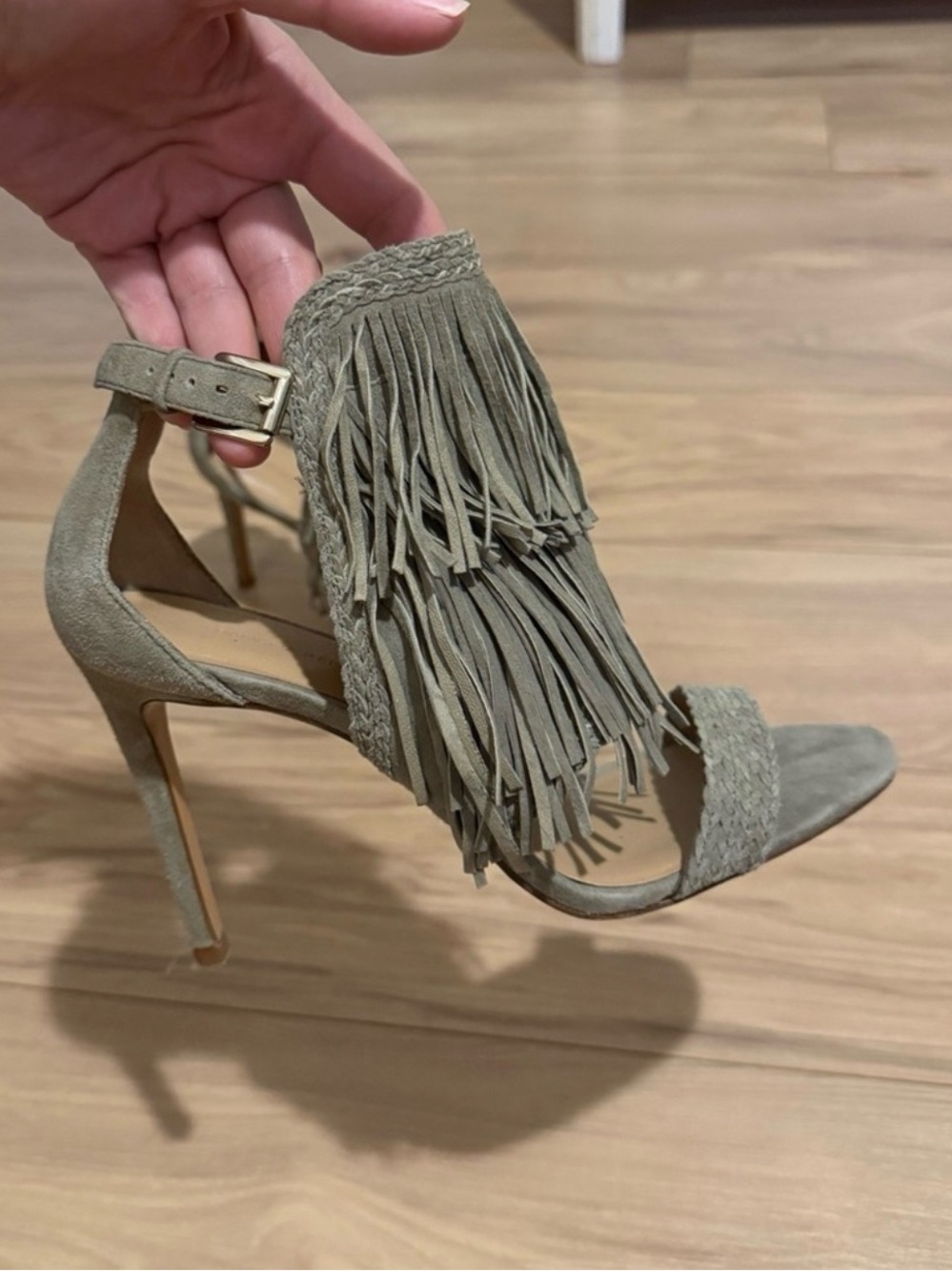 Banana Republic Taupe Suede Fringe High Heel Sandals